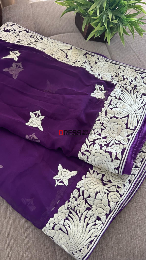 Ivory & Purple Parsi Gara Hand Embroidered Dupatta Parsi Gara Dupatta