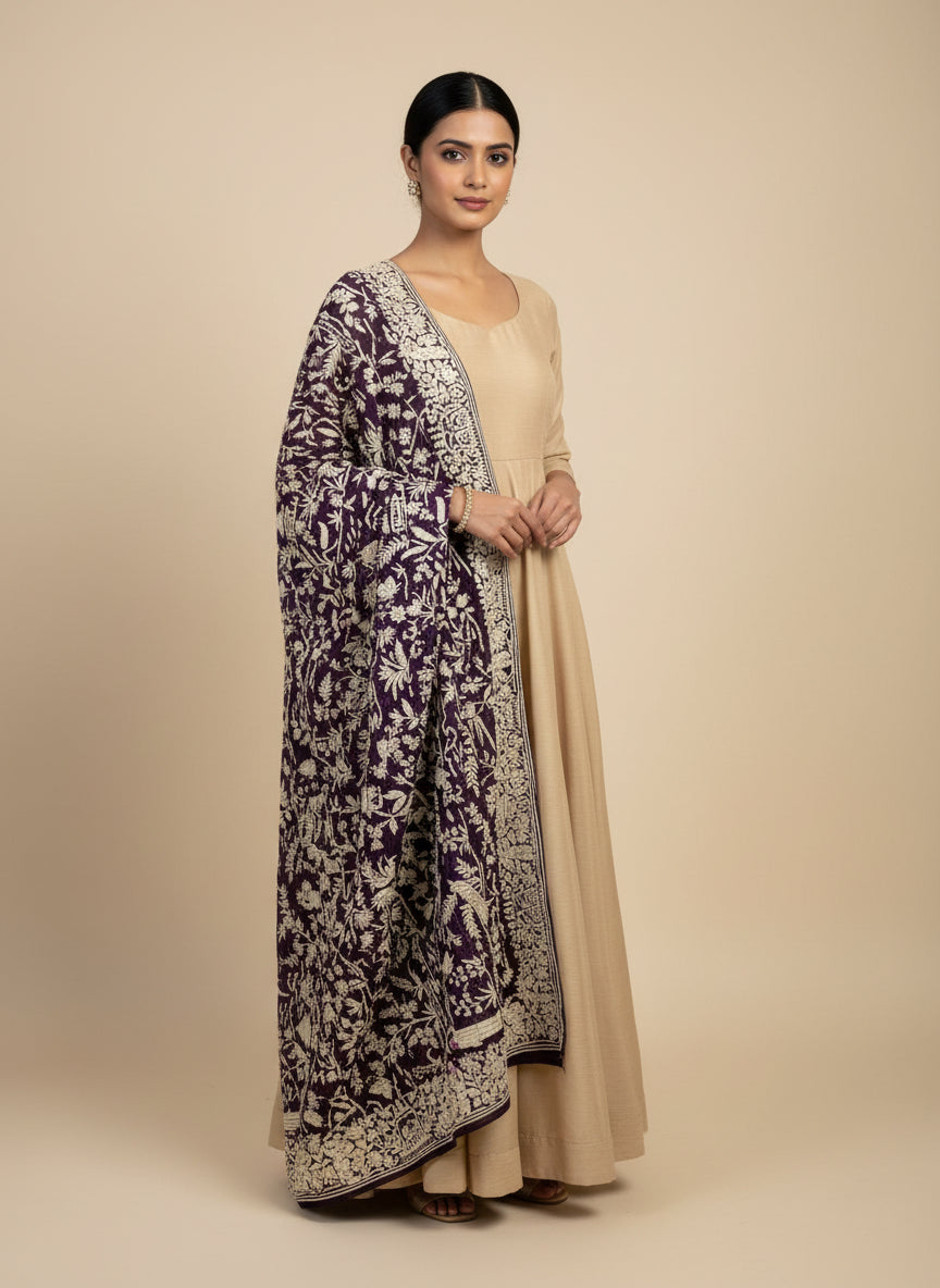 Pre Order Ivory & Purple Parsi Work Hand Embroidered Dupatta