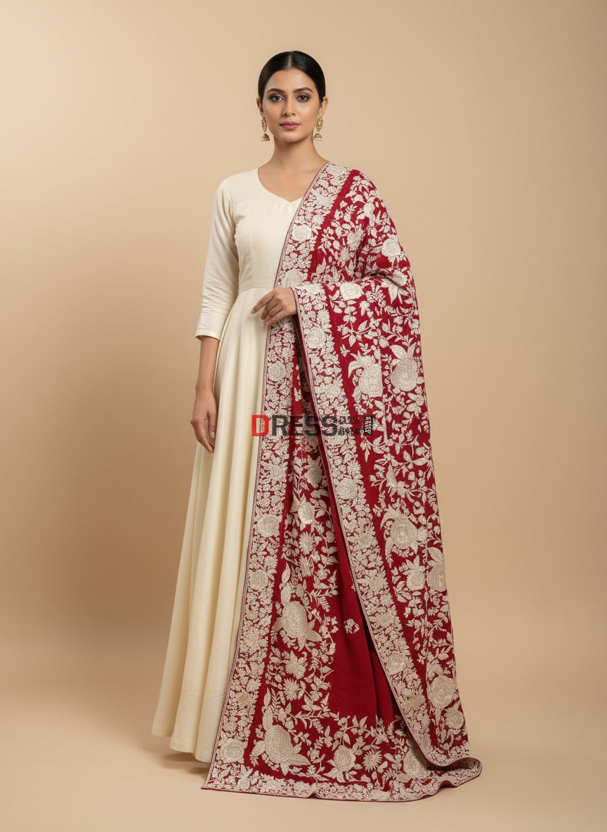 Ivory & Red Parsi Gara Crepe Silk Dupatta