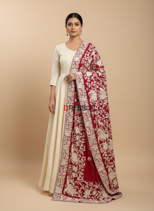 Ivory & Red Parsi Gara Crepe Silk Dupatta