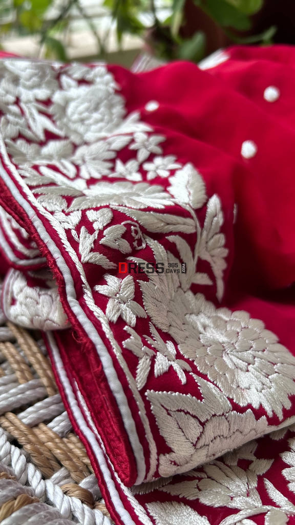 Ivory & Red Parsi Gara Dupatta Parsi Gara Dupatta