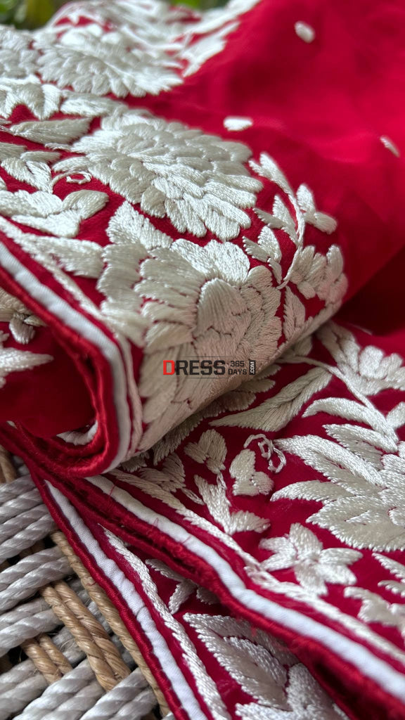Ivory & Red Parsi Gara Dupatta Parsi Gara Dupatta