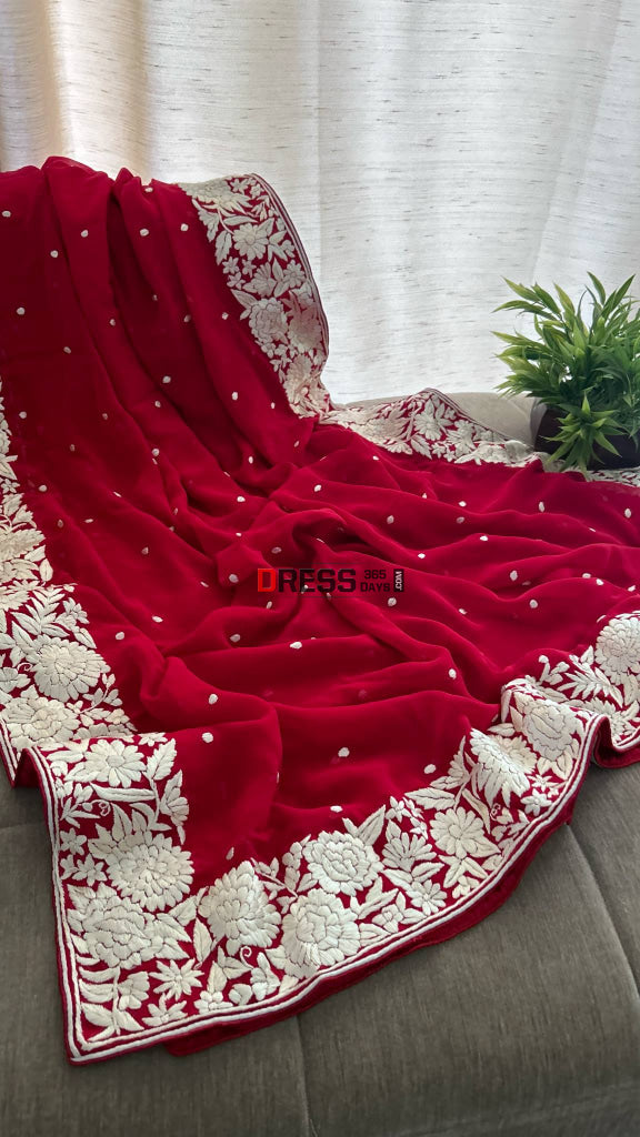 Ivory & Red Parsi Gara Dupatta Parsi Gara Dupatta