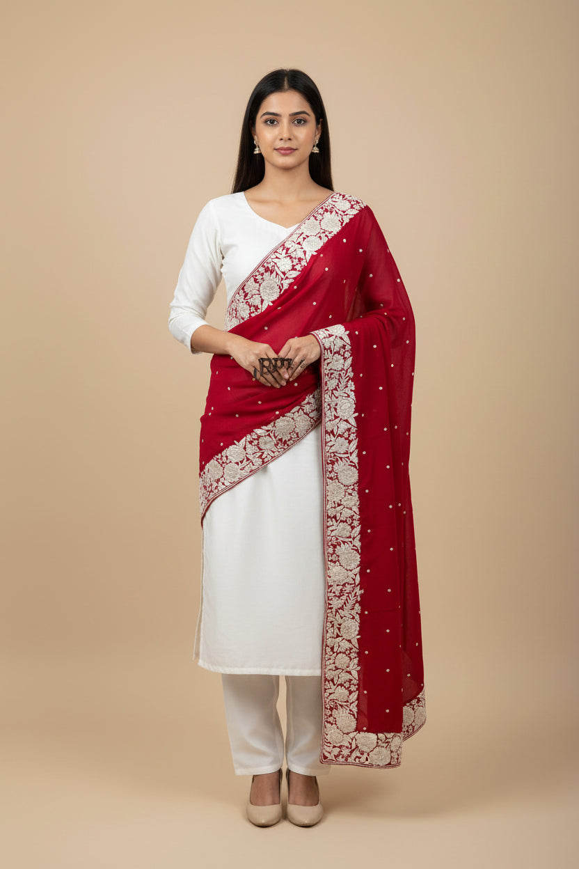 Maroonish Red Red Parsi Gara Dupatta