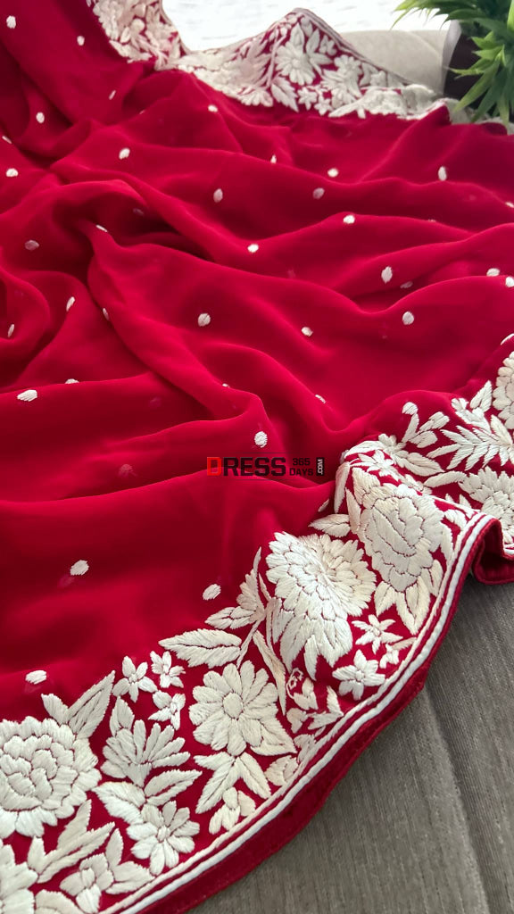 Ivory & Red Parsi Gara Dupatta Parsi Gara Dupatta