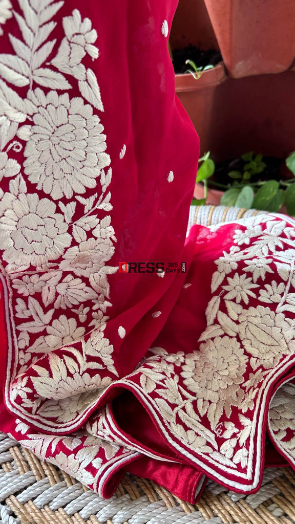 Ivory & Red Parsi Gara Dupatta Parsi Gara Dupatta