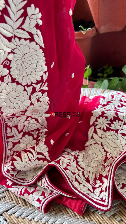 Ivory & Red Parsi Gara Dupatta Parsi Gara Dupatta