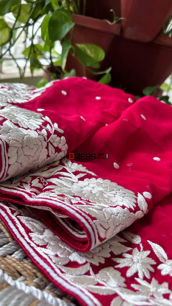 Ivory & Red Parsi Gara Dupatta Parsi Gara Dupatta