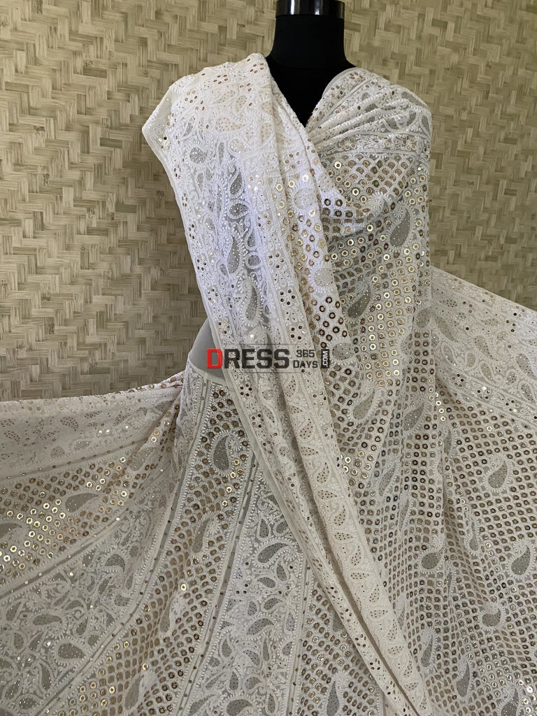 Ivory Ring Mukaish Lucknowi Chikankari Lehenga Set
