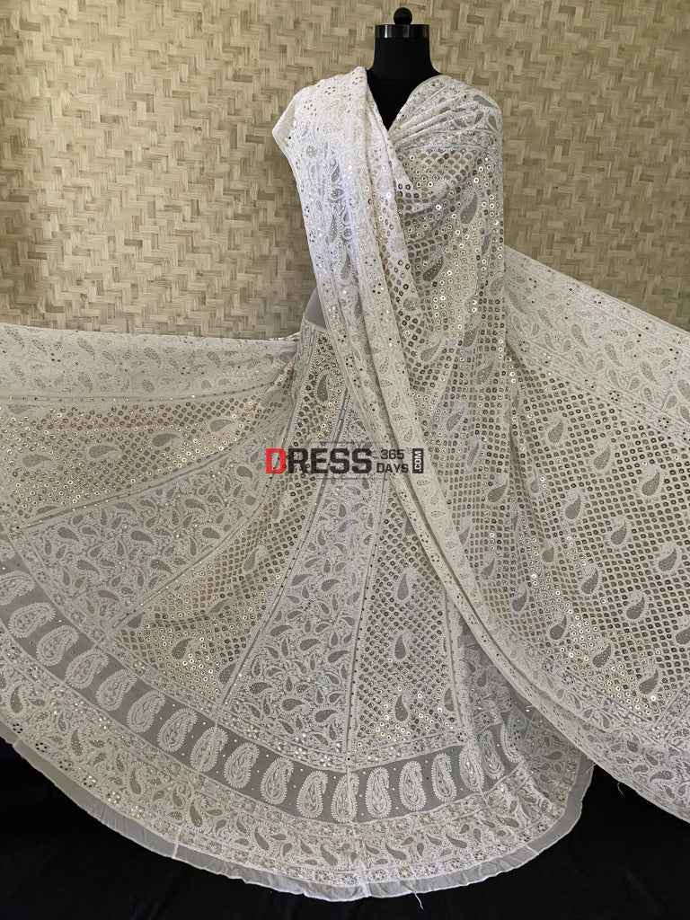 Ivory Ring Mukaish Lucknowi Chikankari Lehenga Set