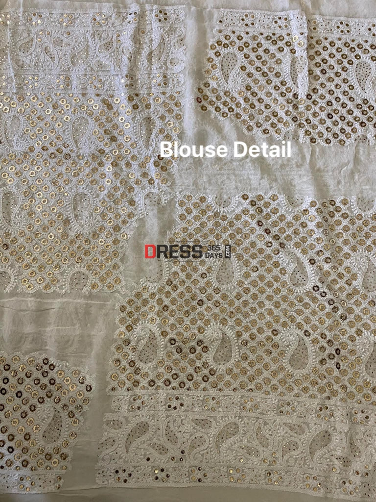 Ivory Ring Mukaish Lucknowi Chikankari Lehenga Set