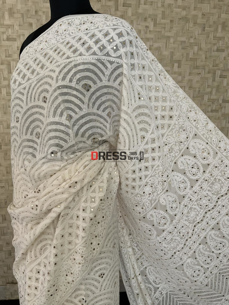 Ivory White Chikankari Mukaish Saree