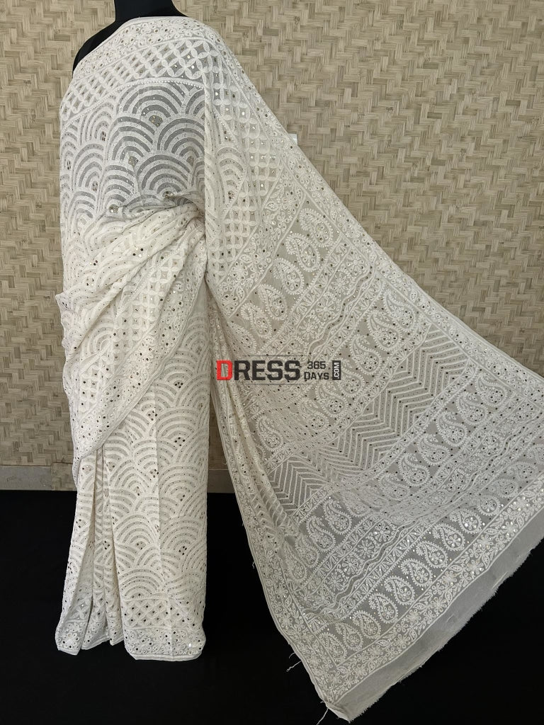 Ivory White Chikankari Mukaish Saree