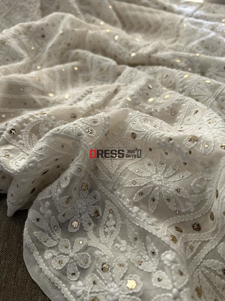 Ivory White Chikankari Mukaish Saree