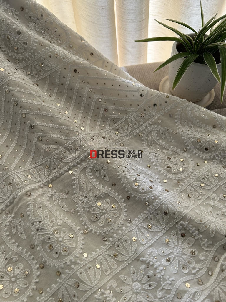 Ivory White Chikankari Mukaish Saree