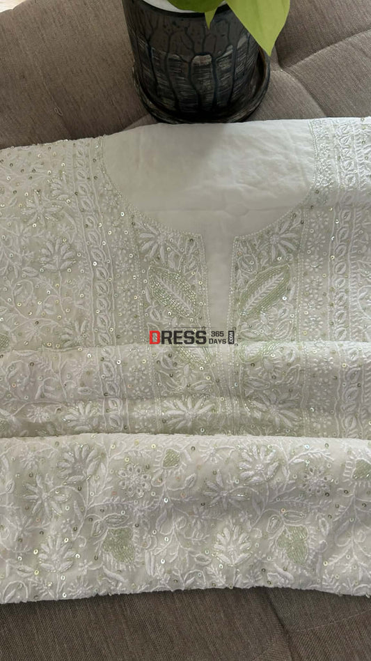 Ivory White Fine Chikankari Cut Dana Sequins Suit - Chikankari Suits