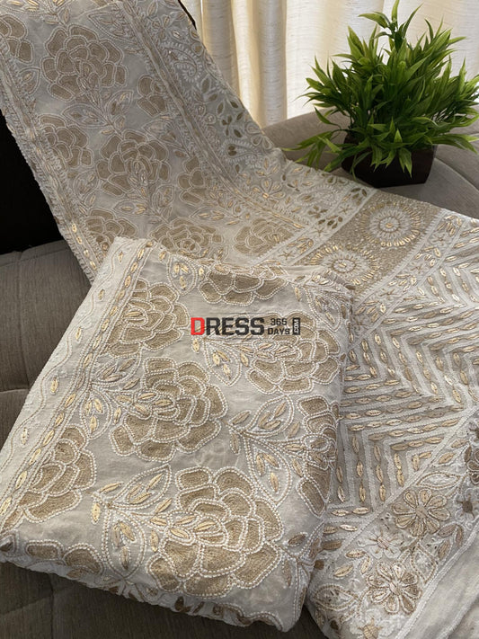 Ivory White Gota Patti Lucknowi Lehenga Set Chikankari