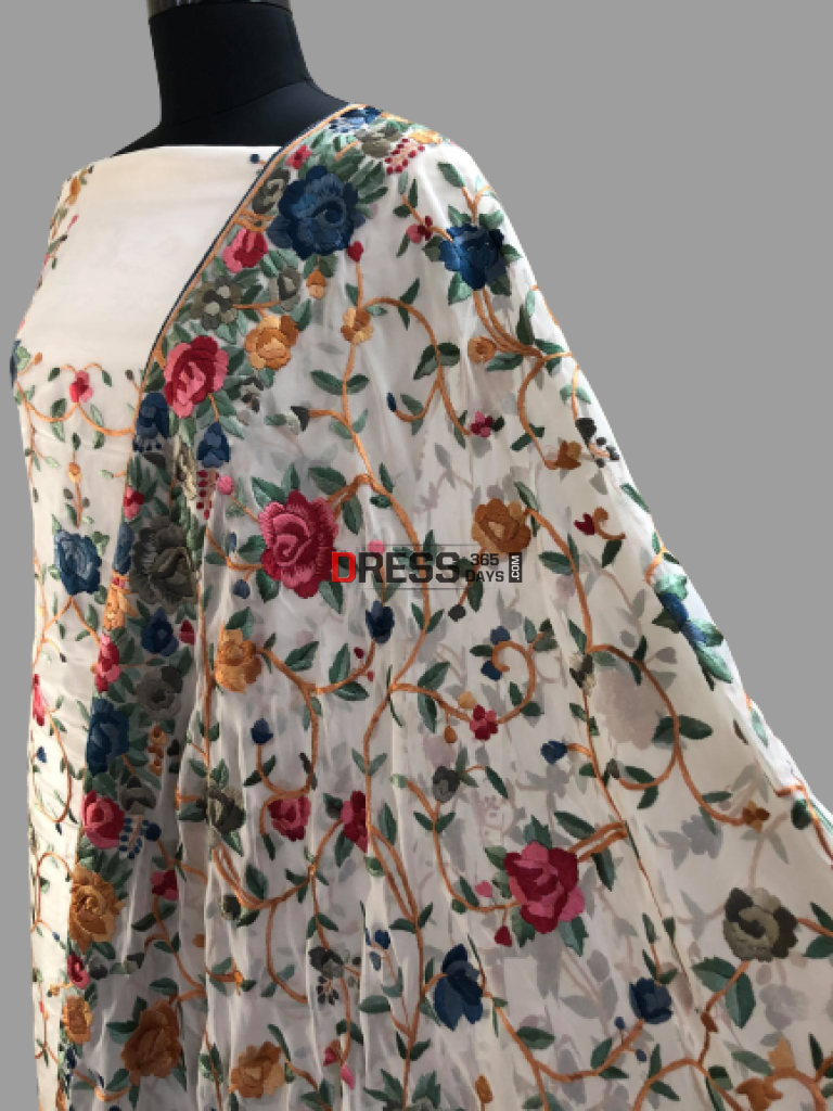 White Hand Embroidered Parsi Gara Suit (Three Piece) Suits