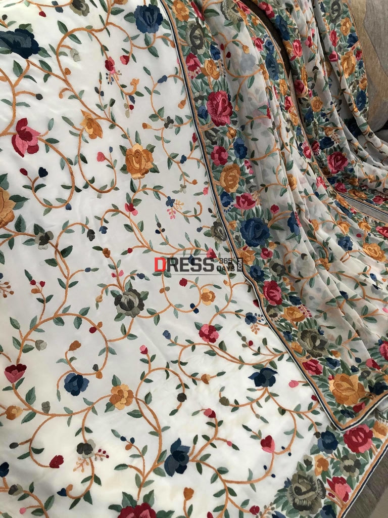 White Hand Embroidered Parsi Gara Suit (Three Piece) Suits
