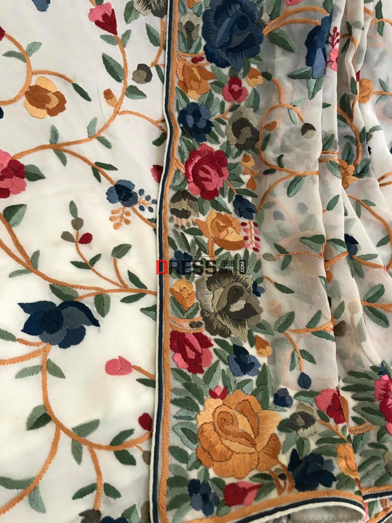 White Hand Embroidered Parsi Gara Suit (Three Piece) Suits