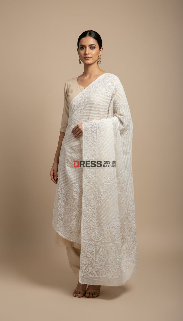 Ivory White Hand Jaali Chikankari Dupatta