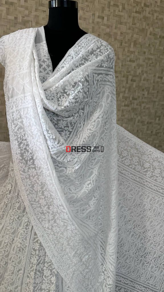 Ivory White Hand Jaali Lucknowi Chikankari Lehenga Set Chikankari Lehenga