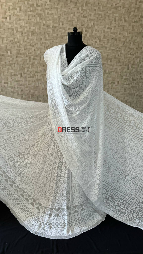 Ivory White Hand Jaali Lucknowi Chikankari Lehenga Set Chikankari Lehenga
