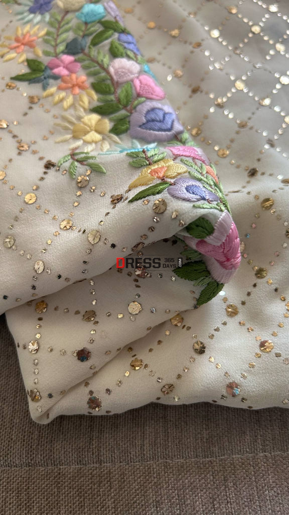 Ivory White Kamdani Parsi Gara Neckline Suit Chikankari Suits