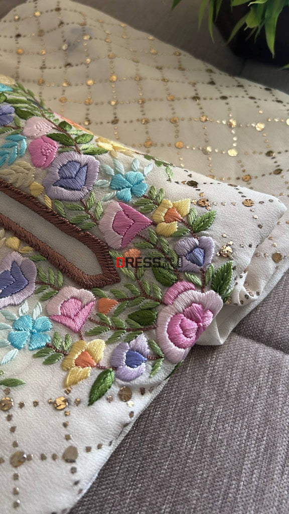 Ivory White Kamdani Parsi Gara Neckline Suit Chikankari Suits