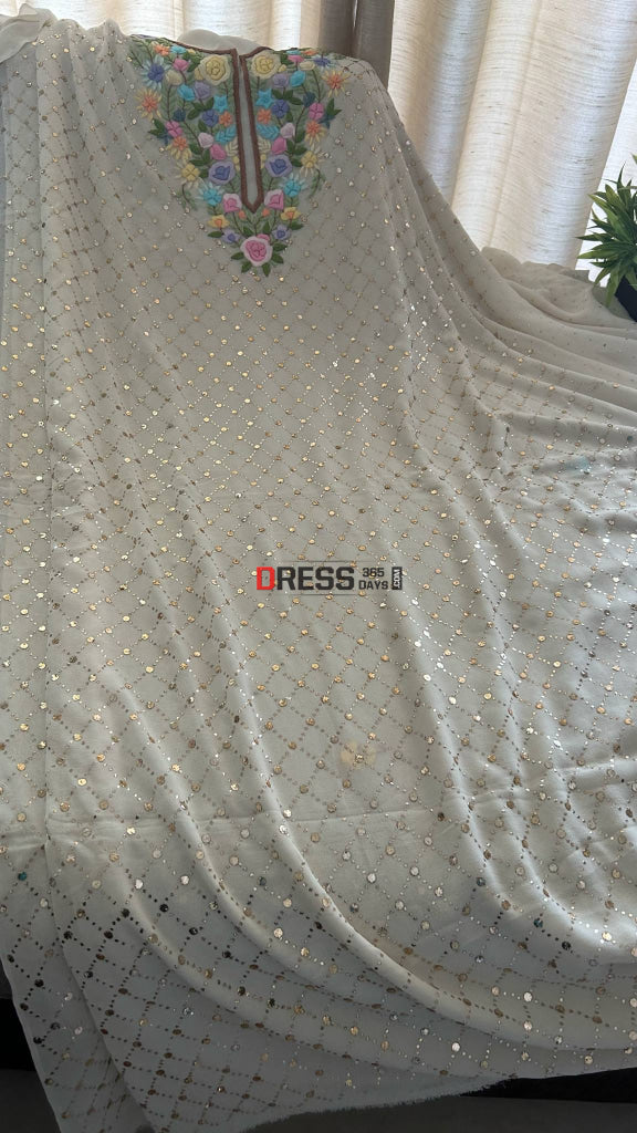Ivory White Kamdani Parsi Gara Neckline Suit Chikankari Suits