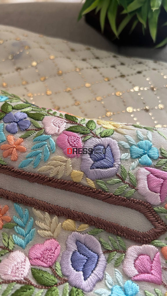 Ivory White Kamdani Parsi Gara Neckline Suit Chikankari Suits