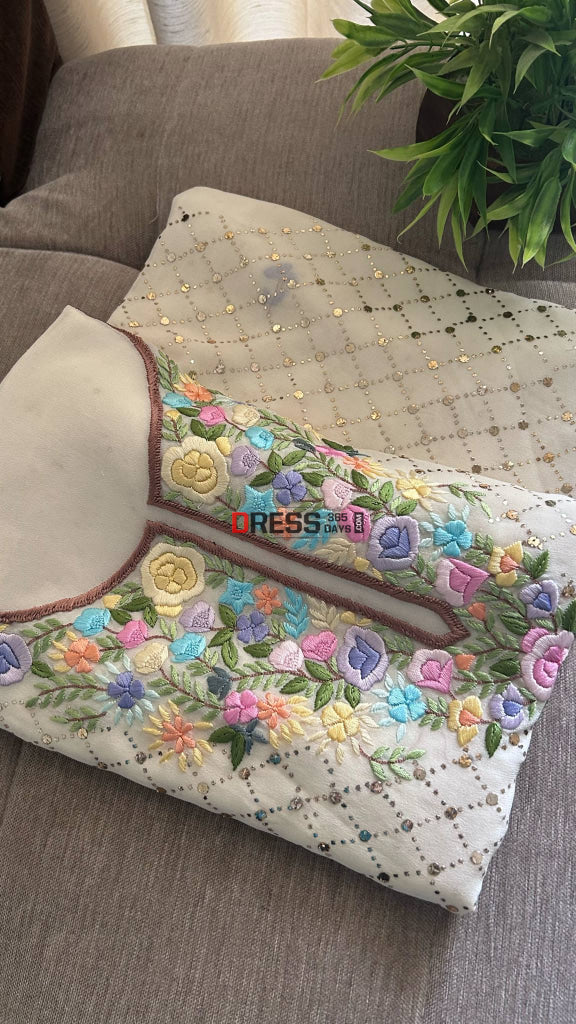 Ivory White Kamdani Parsi Gara Neckline Suit Chikankari Suits