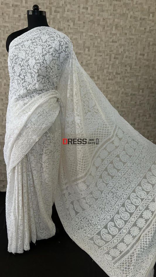 Ivory White Lucknow Chikankari Saree