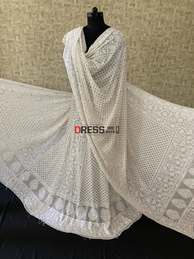 Ivory White Lucknowi Chikankari Kamdani Lehenga Set