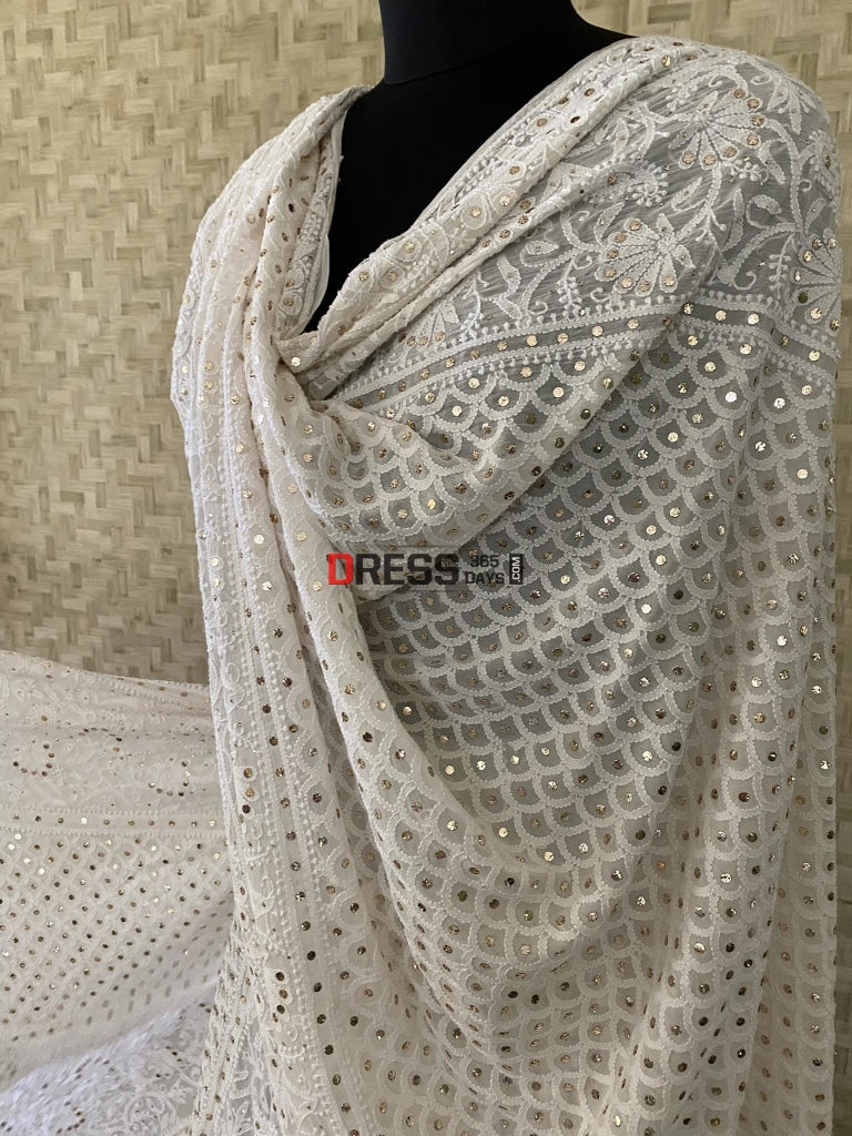 Ivory White Lucknowi Chikankari Kamdani Lehenga Set
