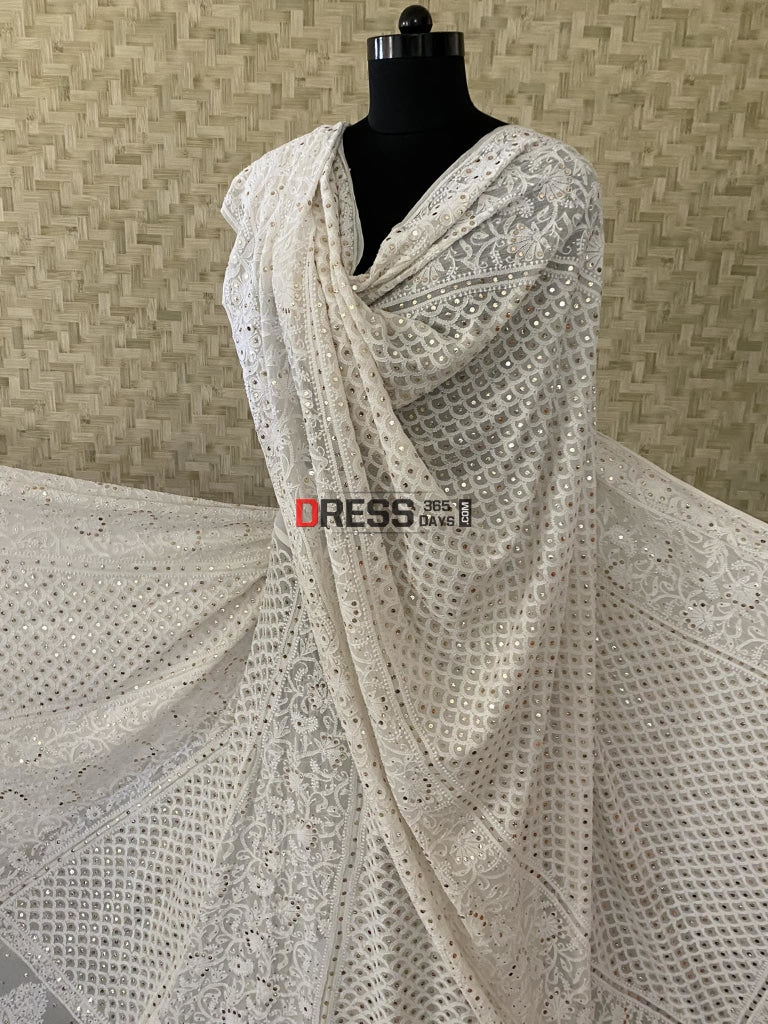 Ivory White Lucknowi Chikankari Kamdani Lehenga Set