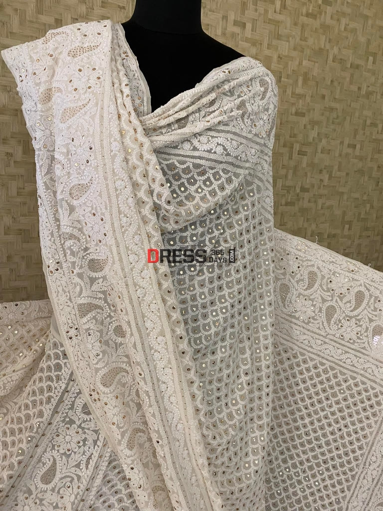 Ivory White Lucknowi Chikankari Mukaish Lehenga Set