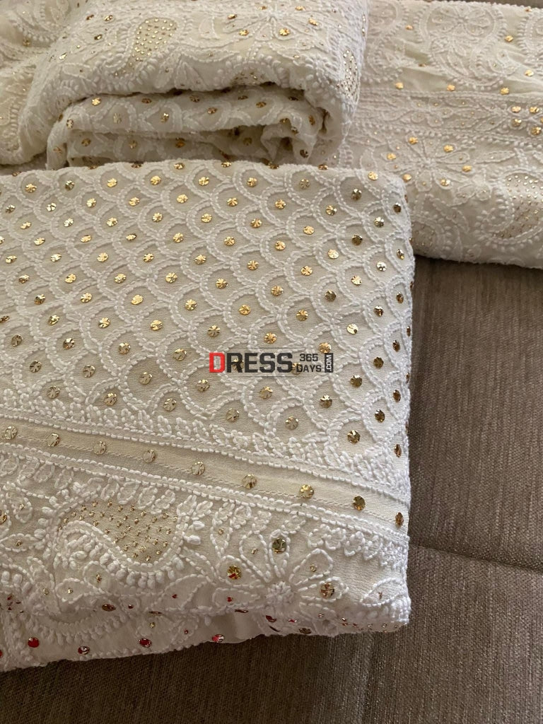 Ivory White Lucknowi Chikankari Mukaish Lehenga Set