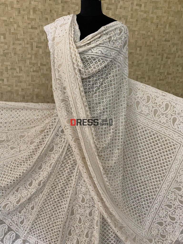 Ivory White Lucknowi Chikankari Mukaish Lehenga Set