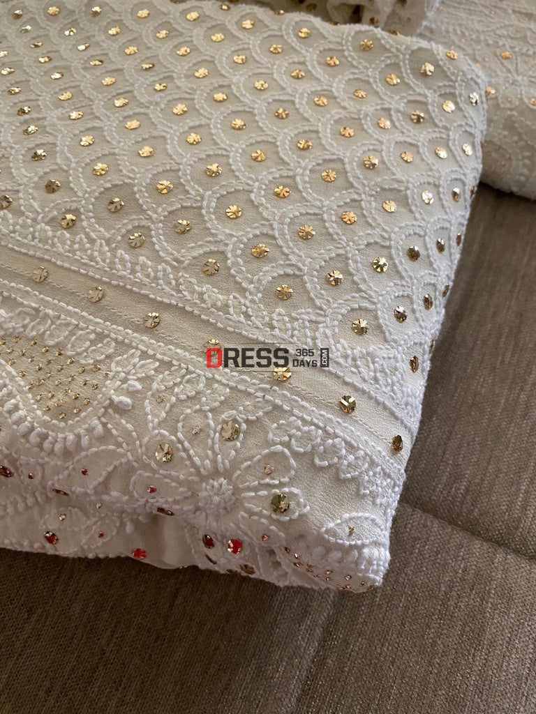 Ivory White Lucknowi Chikankari Mukaish Lehenga Set