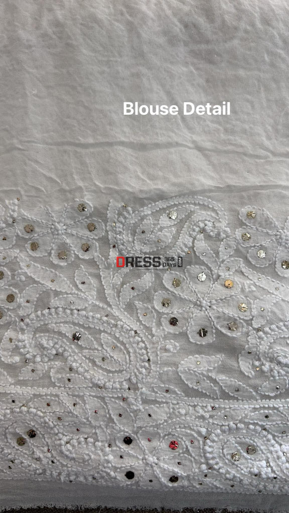 Ivory White Lucknowi Chikankari Mukaish Saree