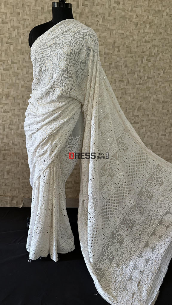 Ivory White Lucknowi Chikankari Mukaish Saree