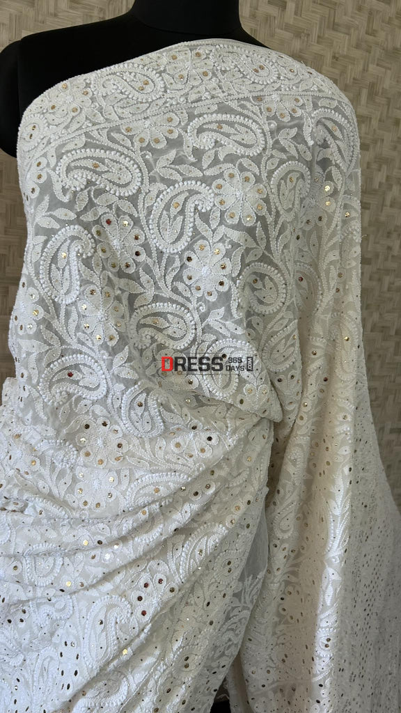 Ivory White Lucknowi Chikankari Mukaish Saree