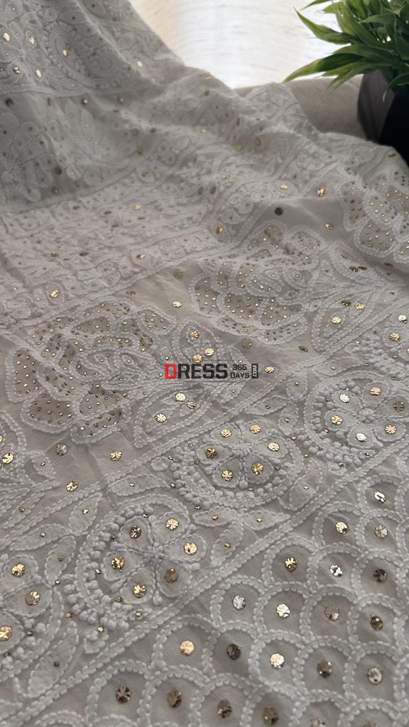 Ivory White Lucknowi Chikankari Mukaish Saree