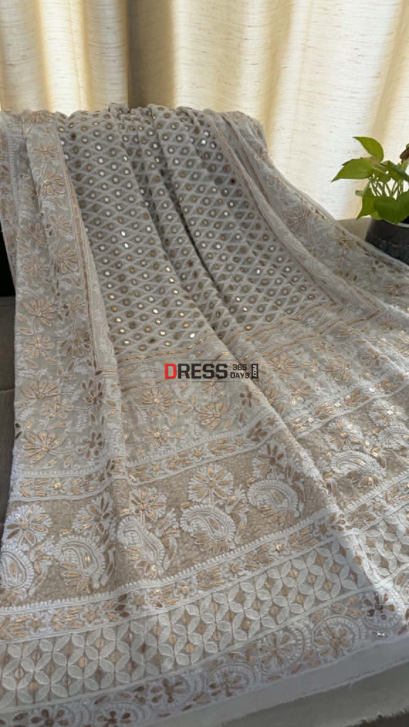 Ivory White Lucknowi Mukaish Saree - Chikankari Saree