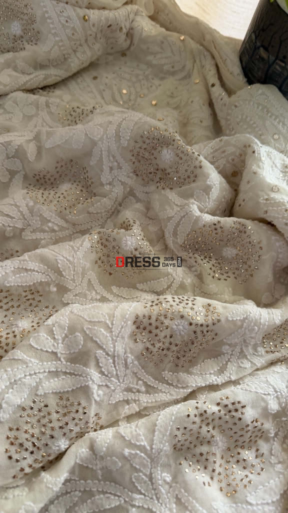 Ivory White Lucknowi Mukaish Saree - Chikankari Saree