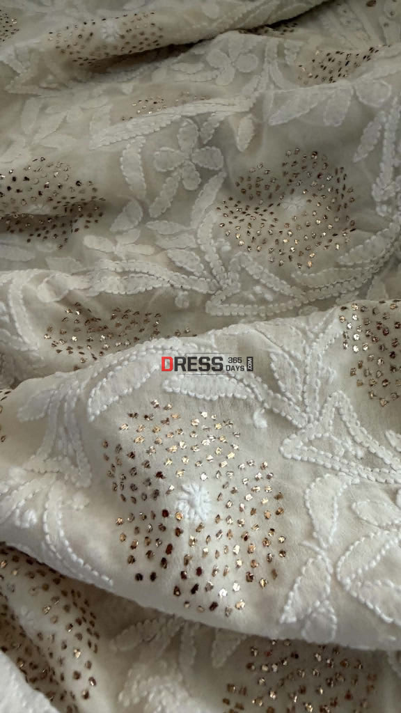 Ivory White Lucknowi Mukaish Saree - Chikankari Saree