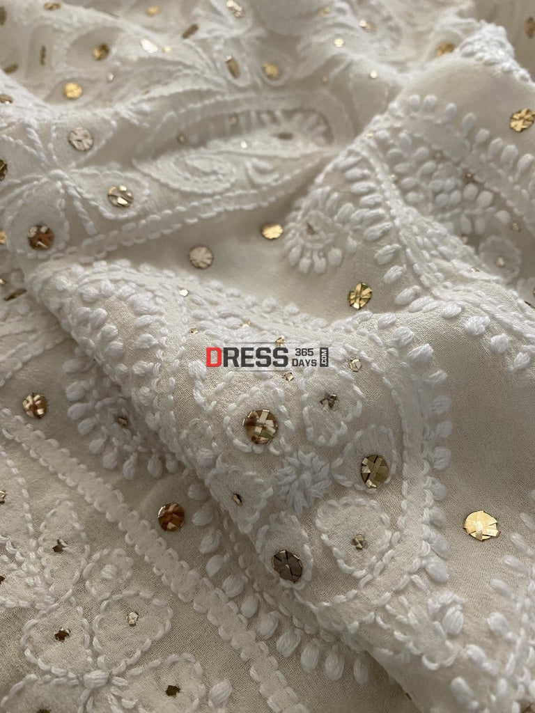 Ivory White Lucknowi Mukaish Saree Chikankari