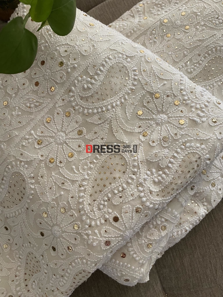 Ivory White Lucknowi Mukaish Saree Chikankari