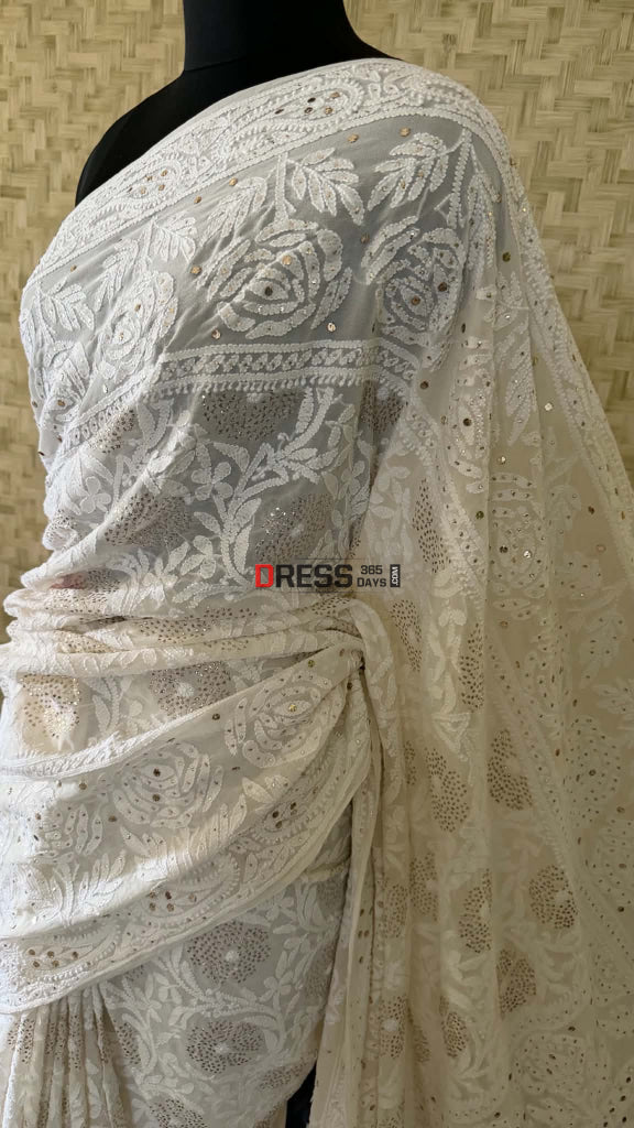 Ivory White Lucknowi Mukaish Saree - Chikankari Saree